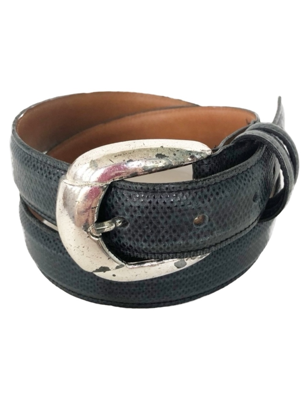 Vintage Joan & David Leather Belt-Snakeskin Emboss Silver Toned Hardware Black